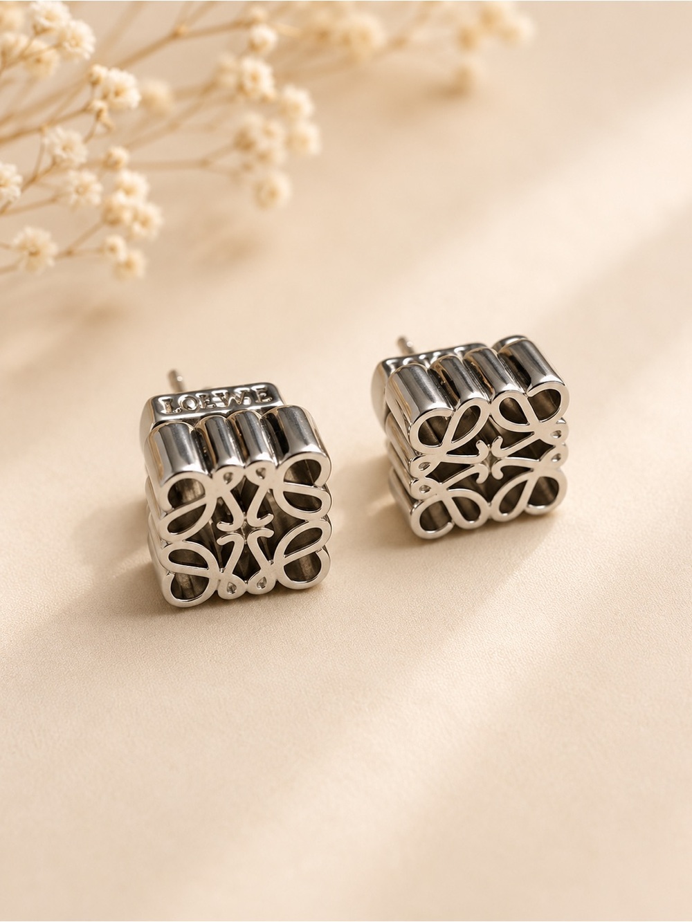 Luxury Inspired Silver Anagram Motif Square Stud Earrings